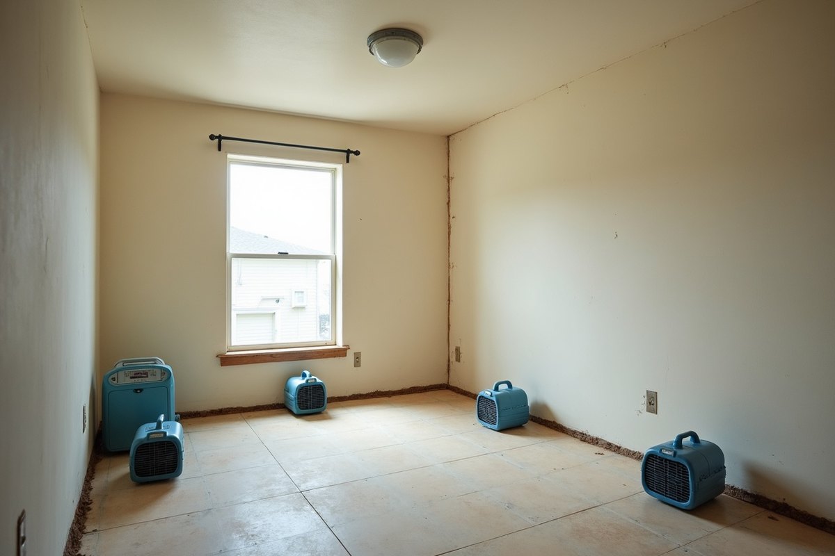 Several blue air movers and a dehumidifier drying an empty room with the lower wall opened