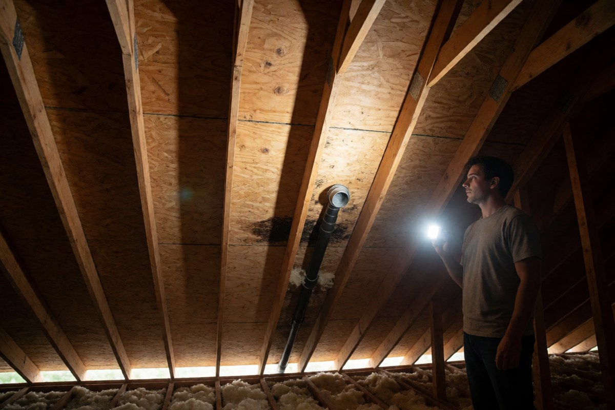 Person in an attic shining a flashlight along the rafters and roof decking