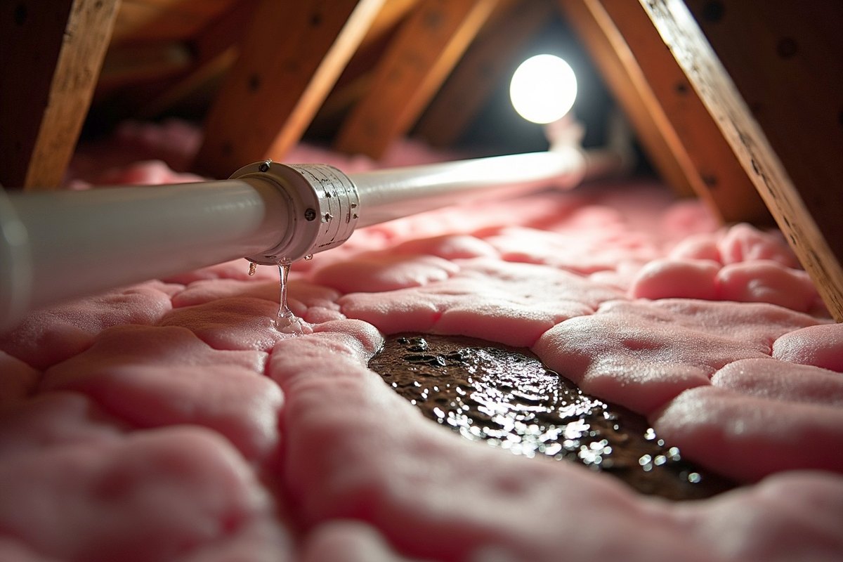 Frosted water pipe in an attic dripping onto soaked pink insulation