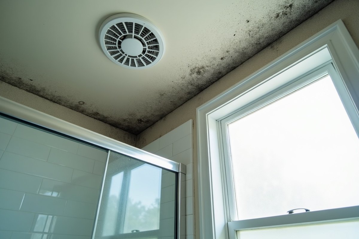 Black mold spreading across a bathroom ceiling around the exhaust fan cover