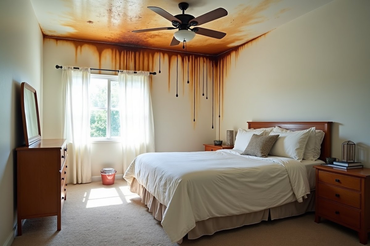 Bedroom ceiling with a wide brown water stain running down the wall above the bed