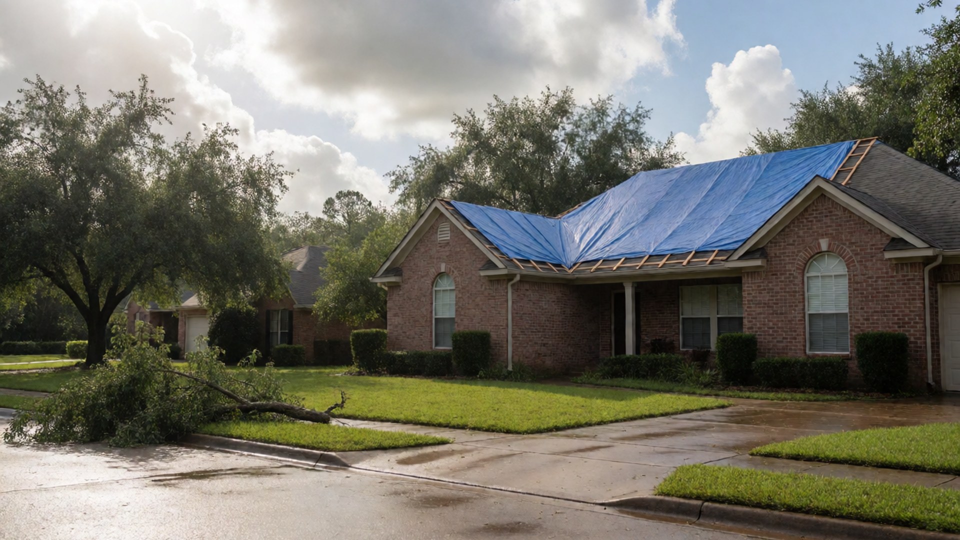 Blue emergency tarp covering part of the roof of a brick home, with a fallen limb on the wet lawn