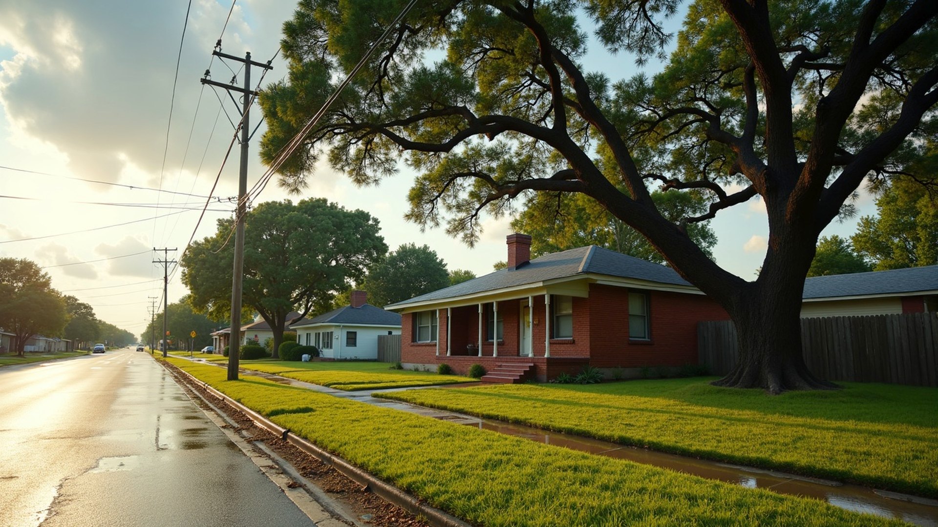 Brick home under a large oak tree beside a wet road on a sunny afternoon