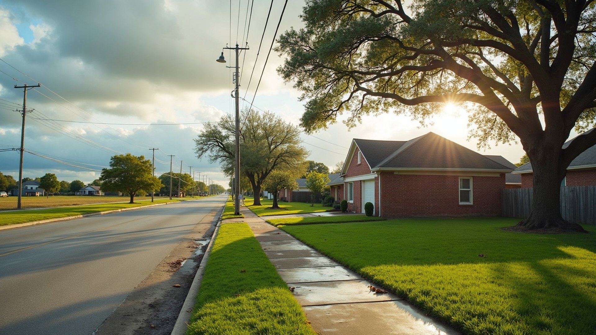 One-story brick home under a spreading oak on a sunlit street