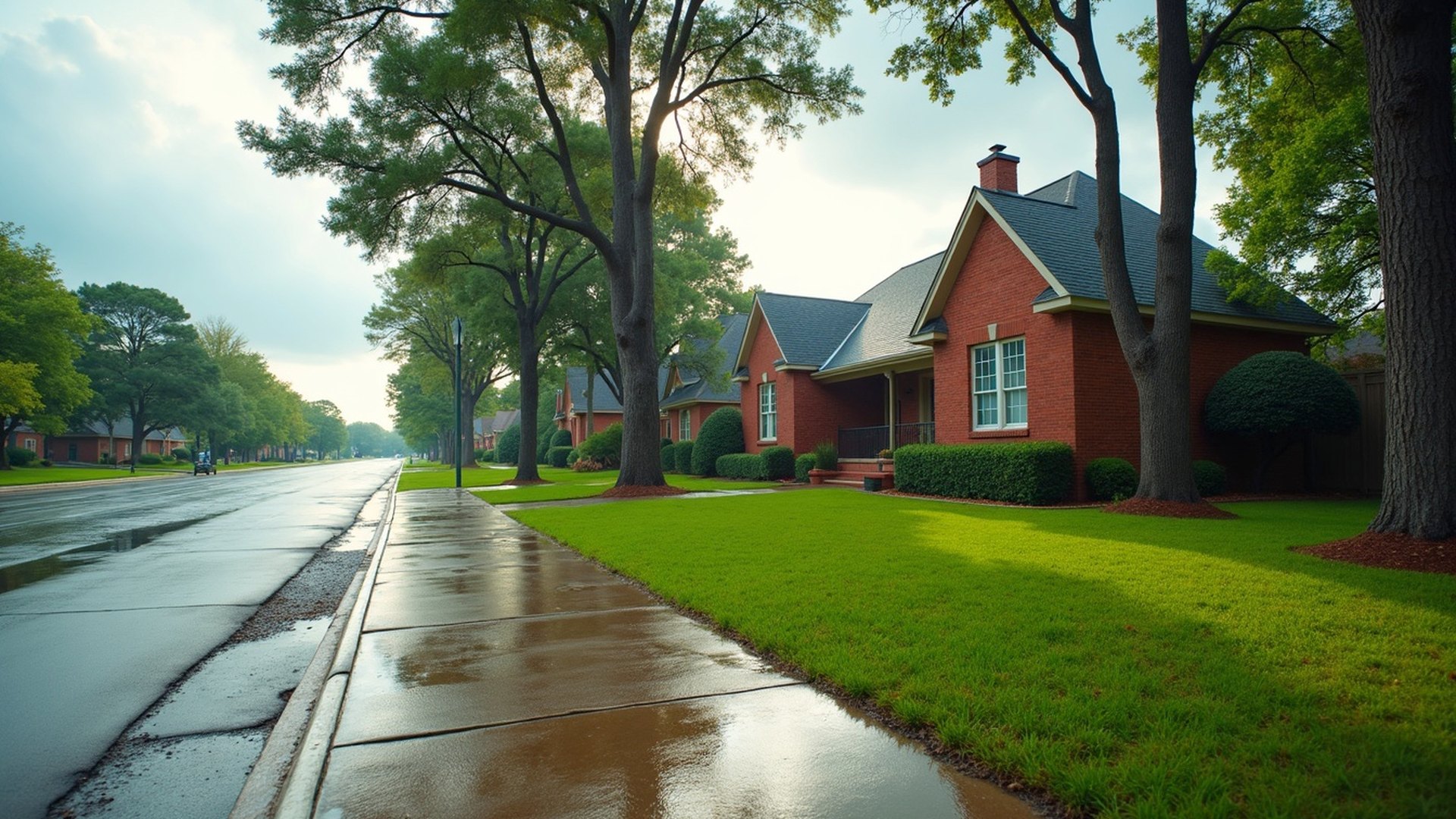 Brick home behind a wet sidewalk and tall trees after a storm