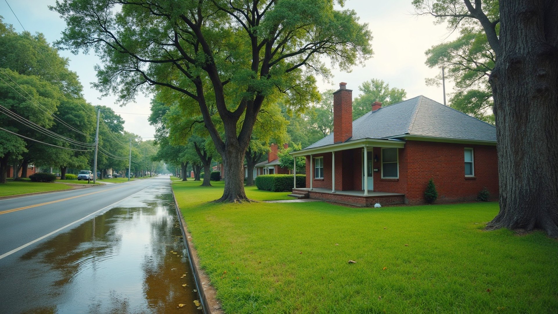 Brick home with a chimney beside a wet street and a large oak tree
