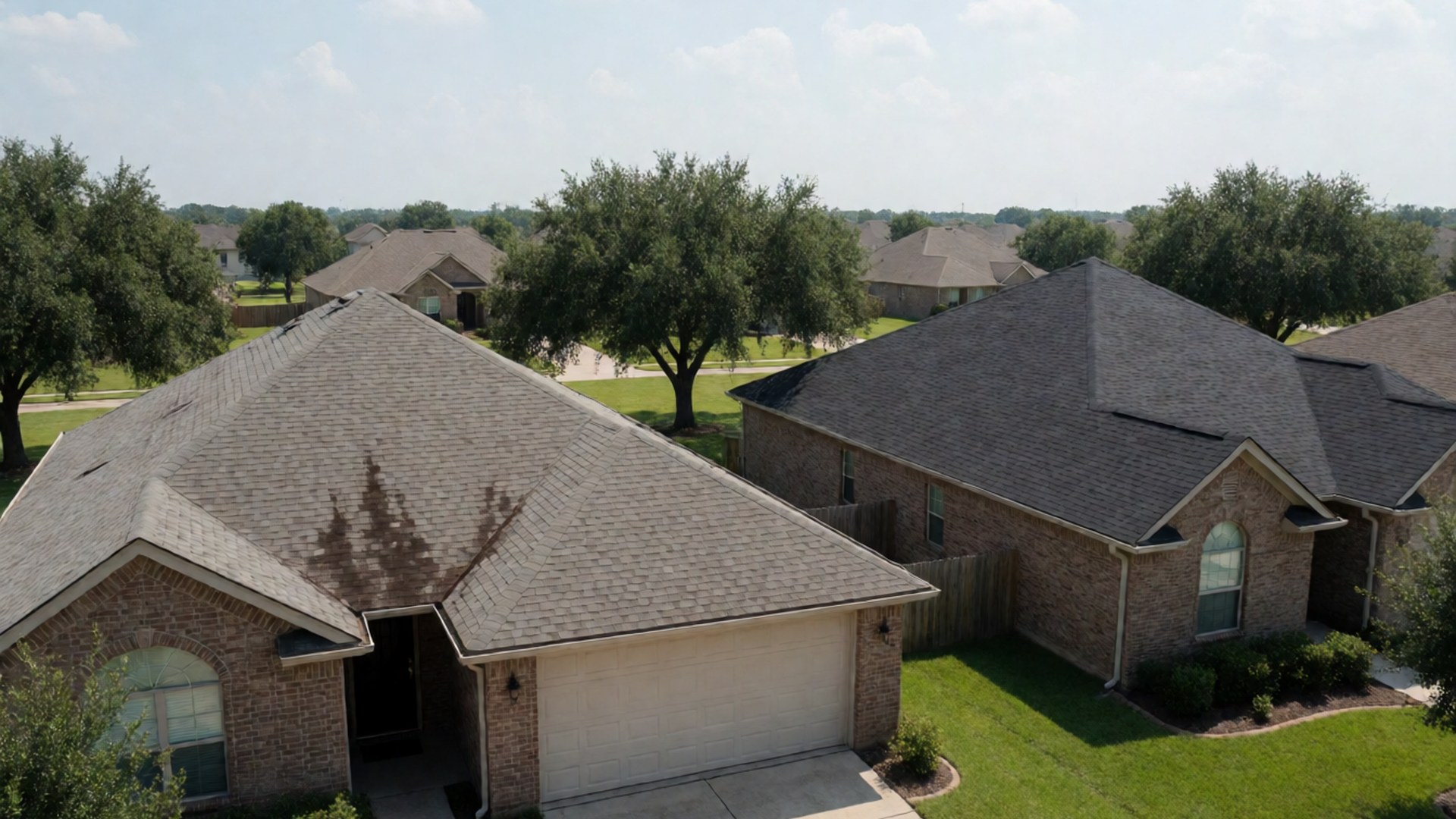 Brick homes with hip roofs and mature shade trees seen from above on a sunny day