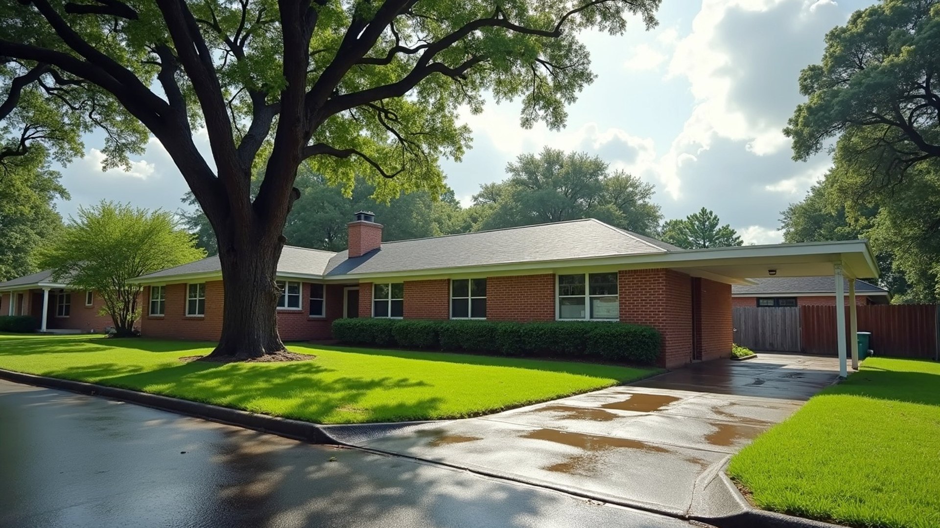 Long brick ranch home with a carport and a wet driveway under a big oak