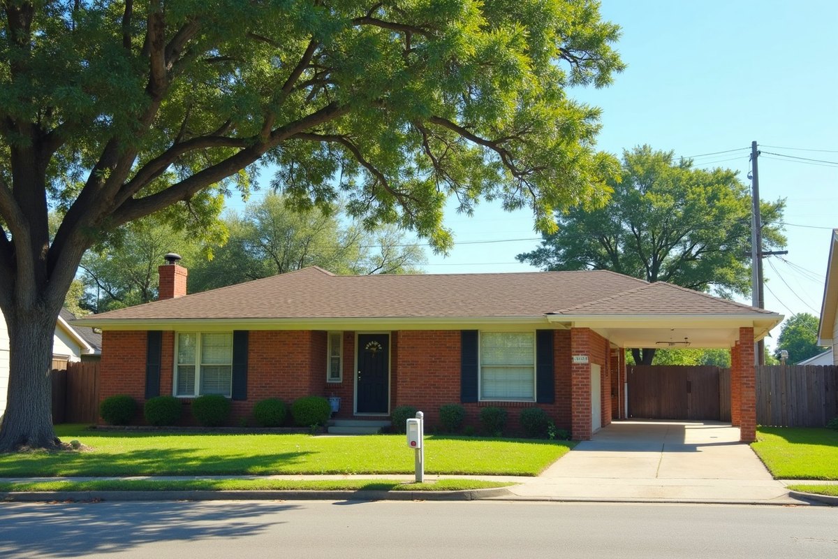 Older one-story brick ranch home with a carport behind a mowed lawn and a shade tree