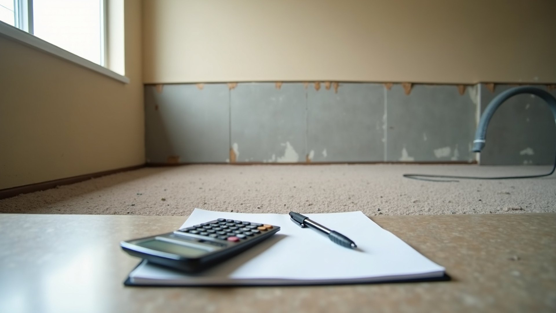 Calculator, pen and estimate page on the floor of a room with the lower drywall removed