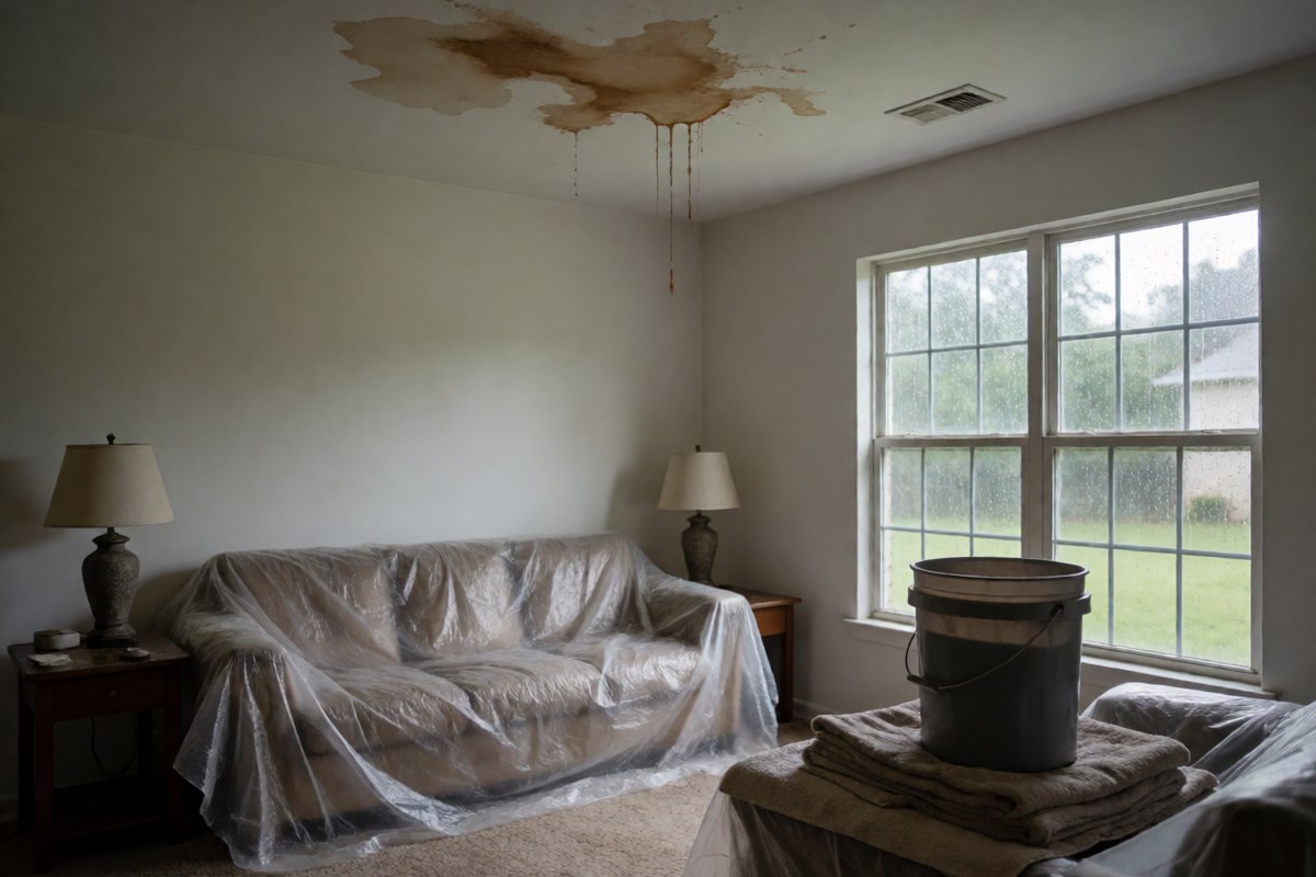 Water stain on a living room ceiling with a bucket on the floor below and furniture covered