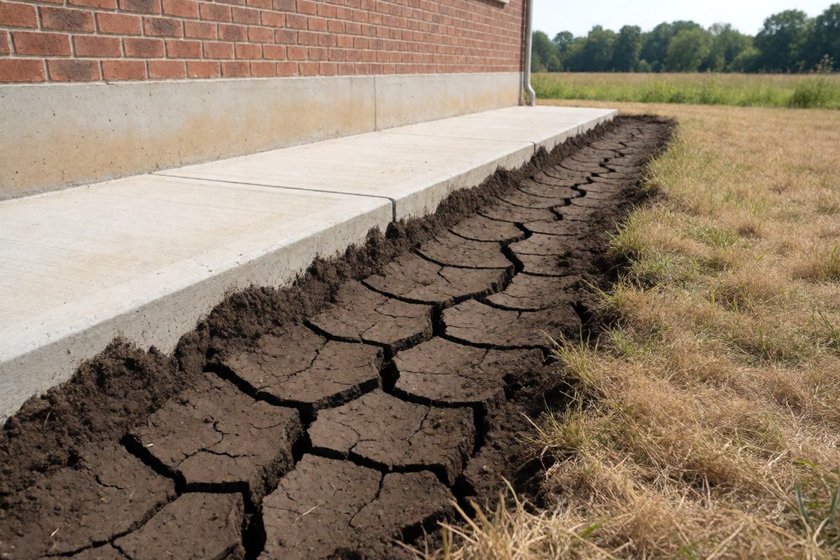 Deep cracks in dry clay soil beside the concrete foundation of a brick home