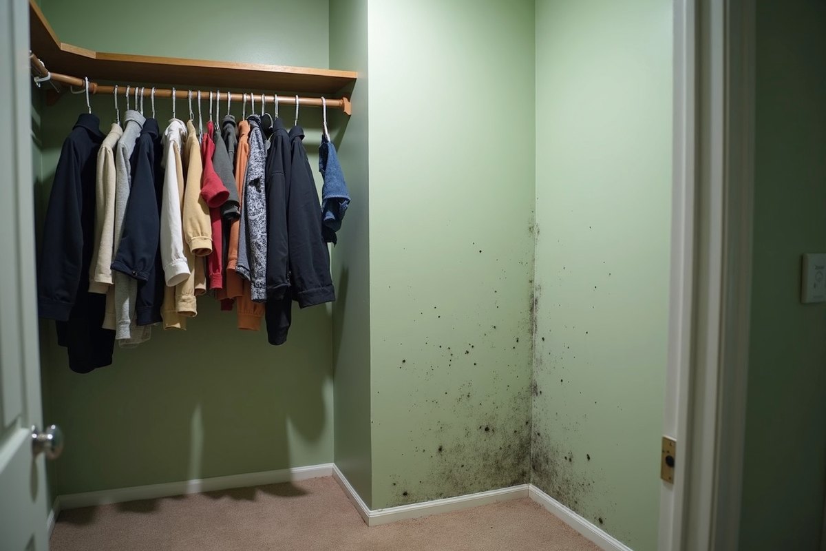 Clothes closet with dark mold spots spreading across the wall behind hanging clothes