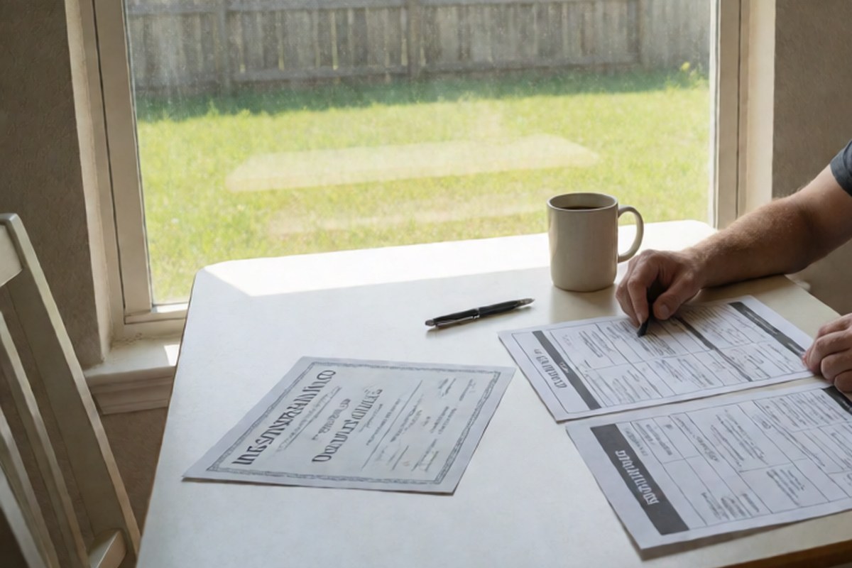 Homeowner reading printed contract pages at a kitchen table beside a coffee mug