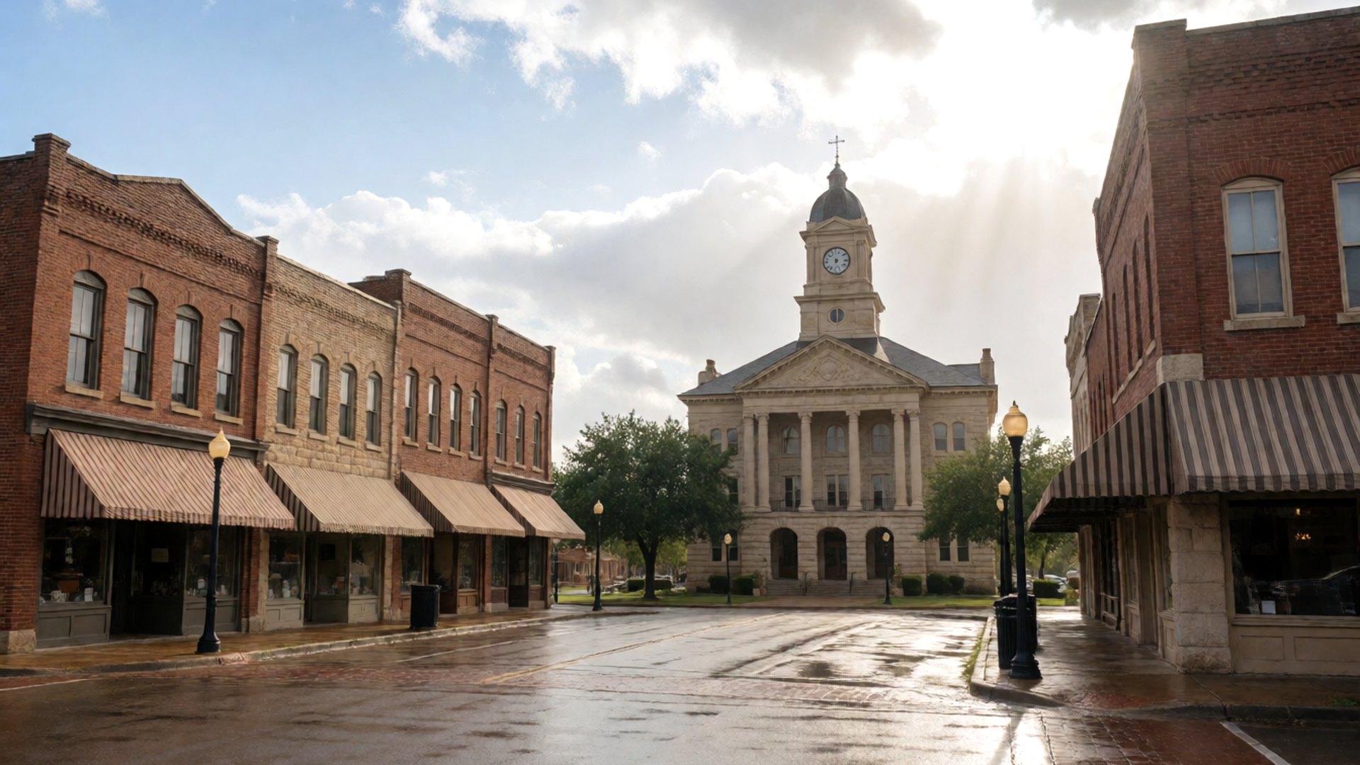 Historic courthouse square with brick storefronts on a wet street after rain in a North Texas county seat