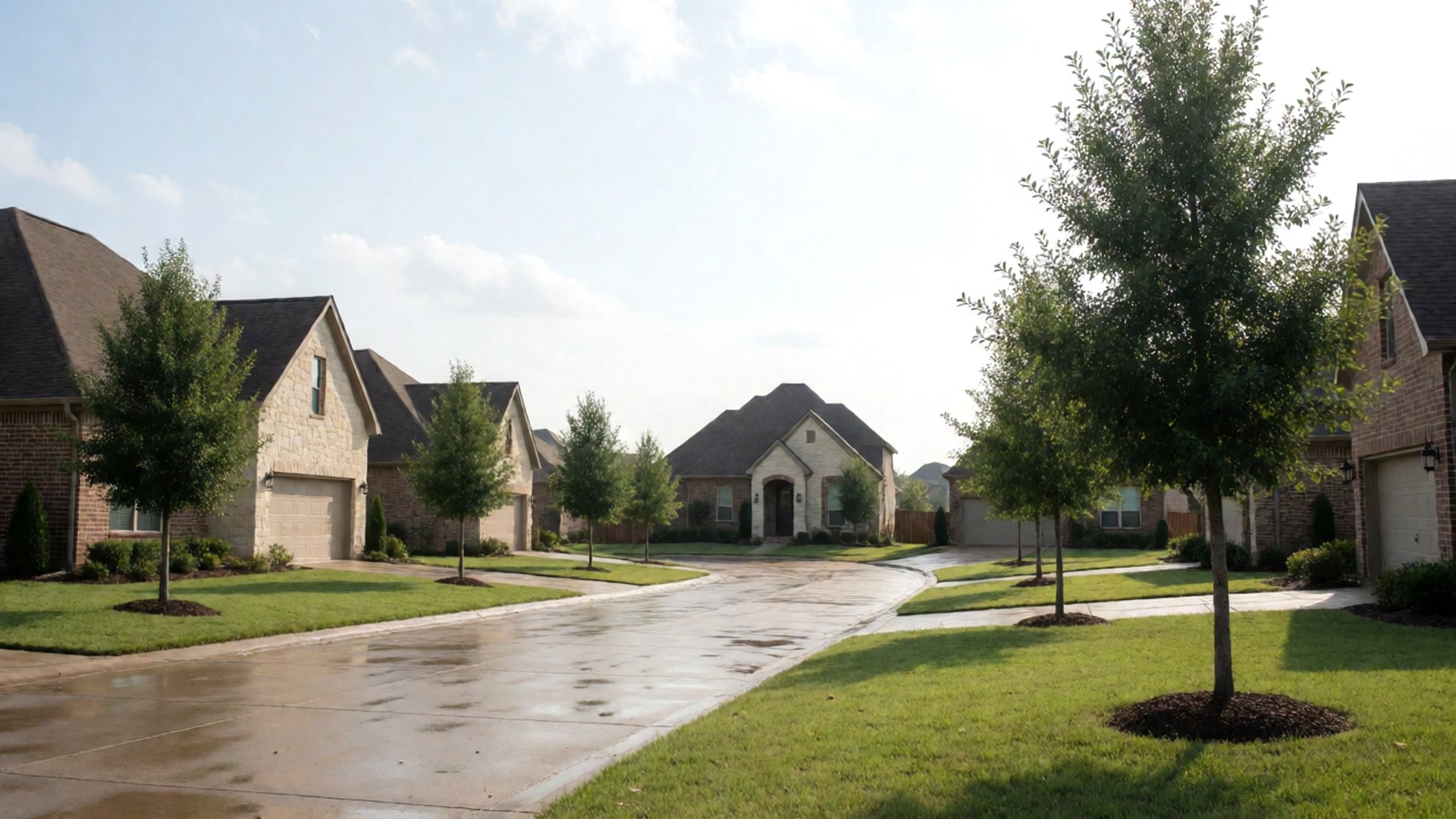 Cul-de-sac of two-story brick and stone homes with young trees in a North Texas suburb