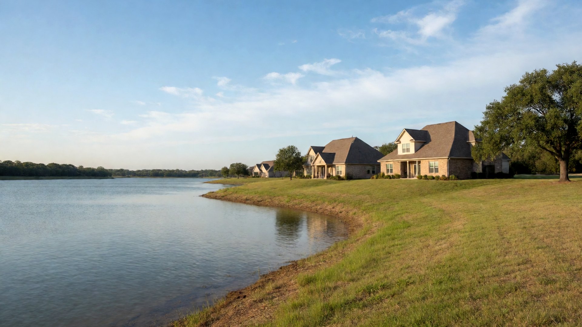Homes on a grassy rise above a lake shore under a clear sky