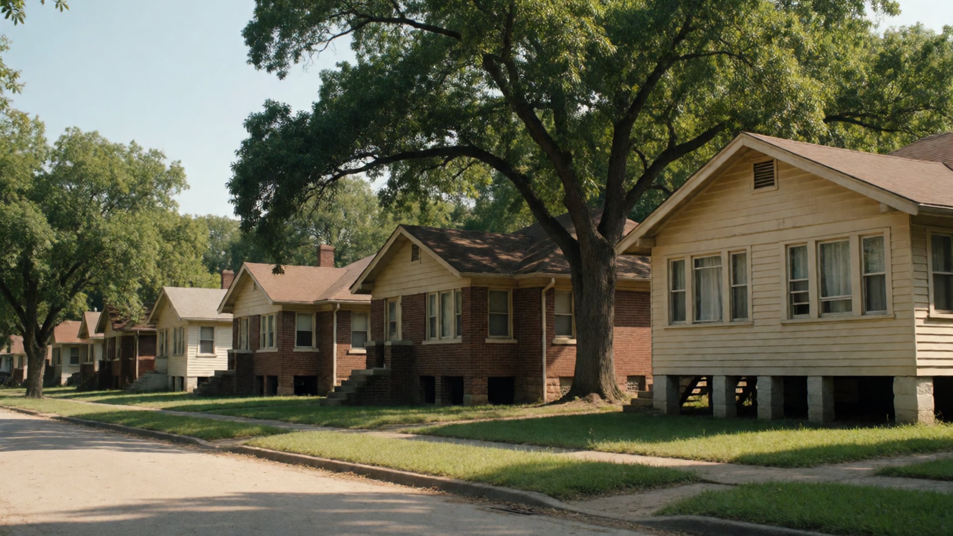 Street of older one-story frame houses raised on pier-and-beam foundations under big pecan trees