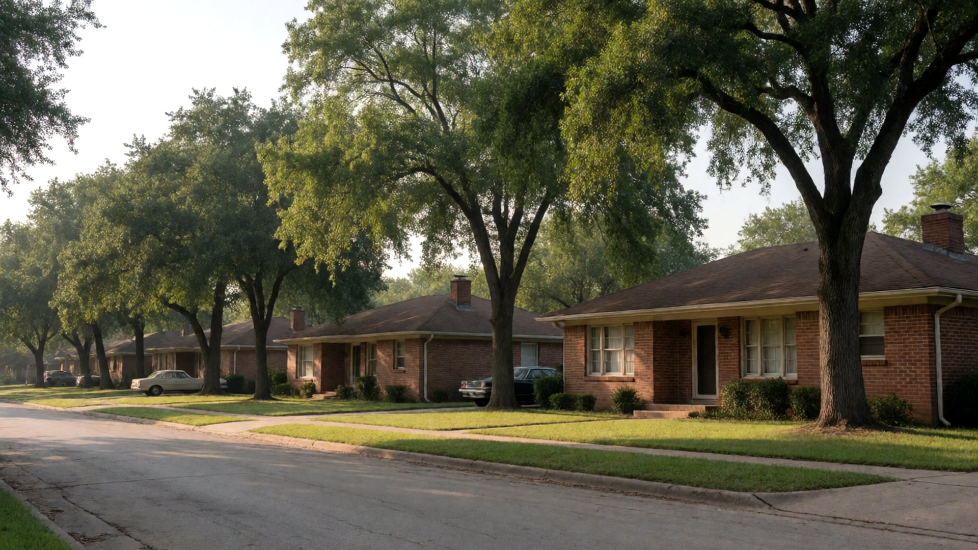 Older one-story brick ranch homes under mature trees on a quiet street