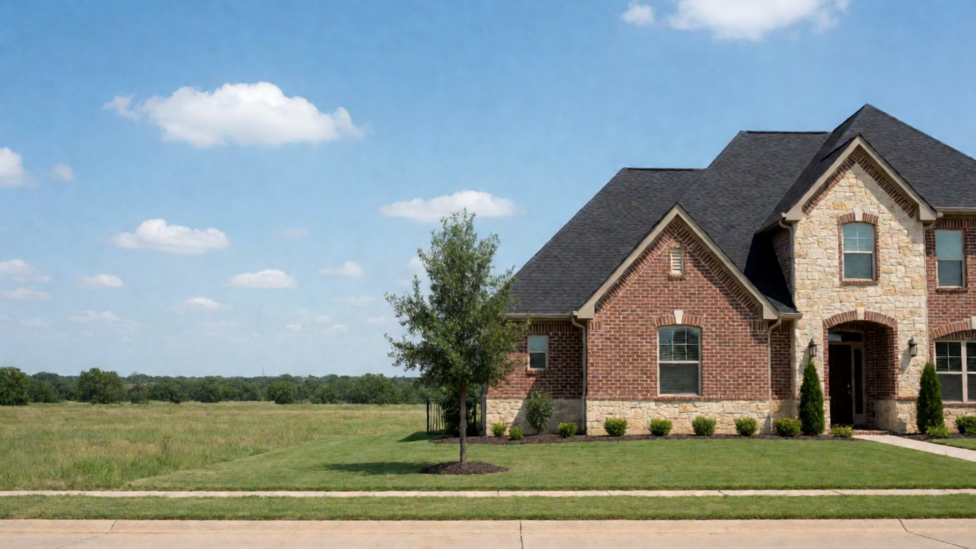 Two-story brick and stone home with a young tree beside an open field
