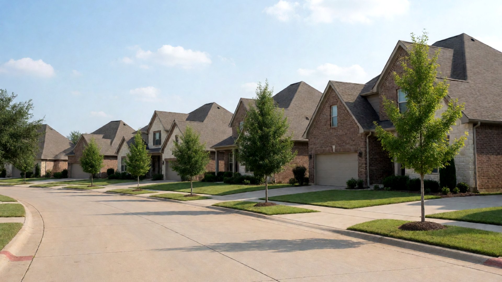 Row of two-story brick homes with young trees along a curving suburban street