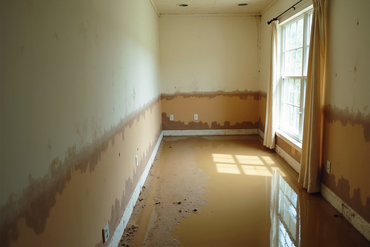 Empty room with a brown waterline and stained lower drywall left behind after floodwater