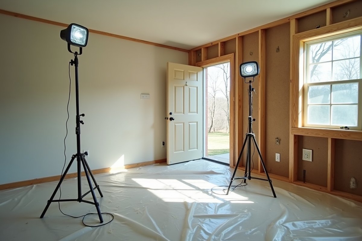 Empty room with plastic sheeting laid over the floor and two work lights standing ready