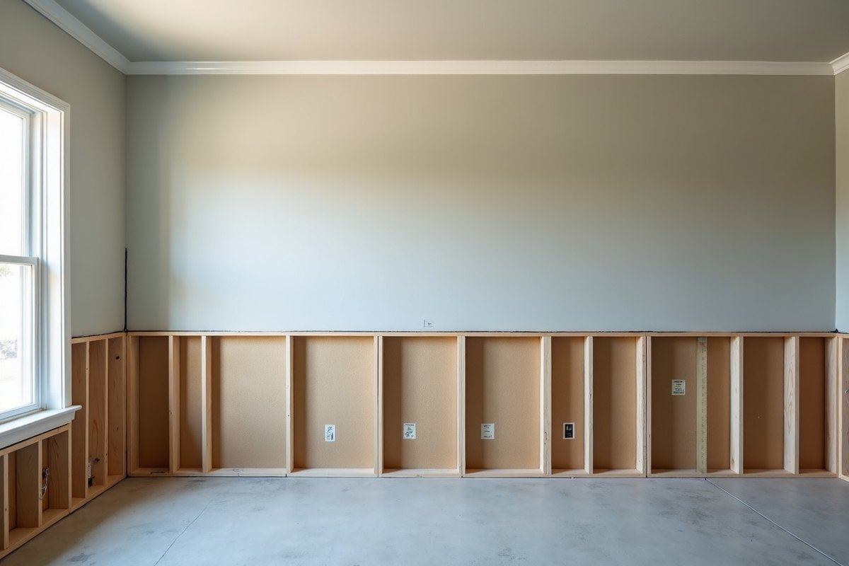 Room with the drywall cut away in a straight line about two feet up, showing the studs