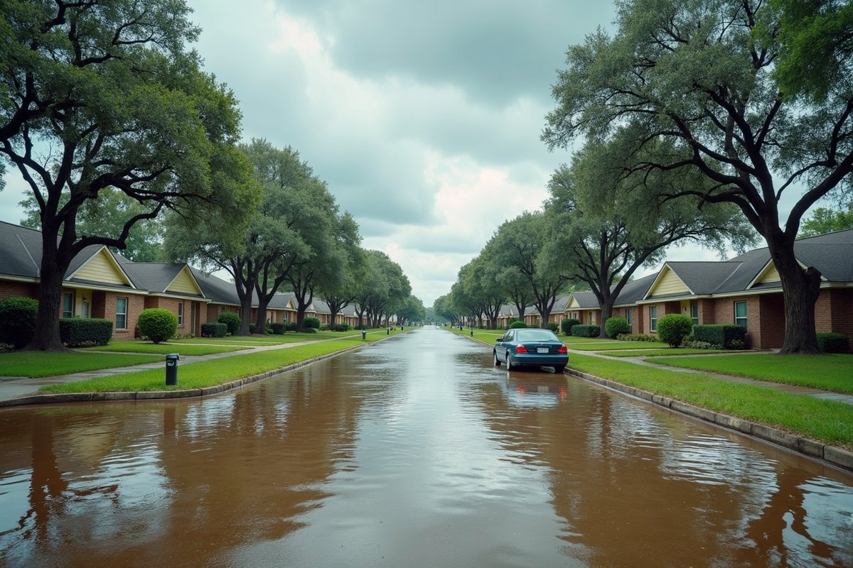 Floodwater covering a residential street lined with oak trees, with a car driving through it