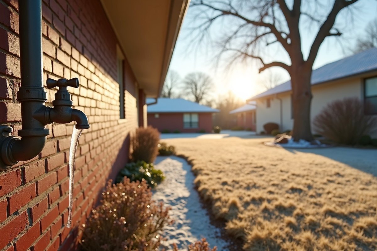 Outdoor faucet on a brick wall with ice and a frozen trickle of water on a frosty winter morning