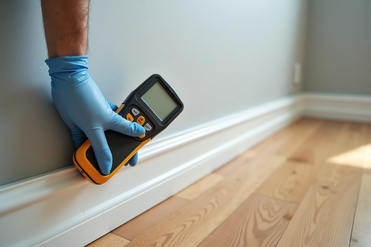 Gloved hand holding a moisture meter flat against a wall above the baseboard