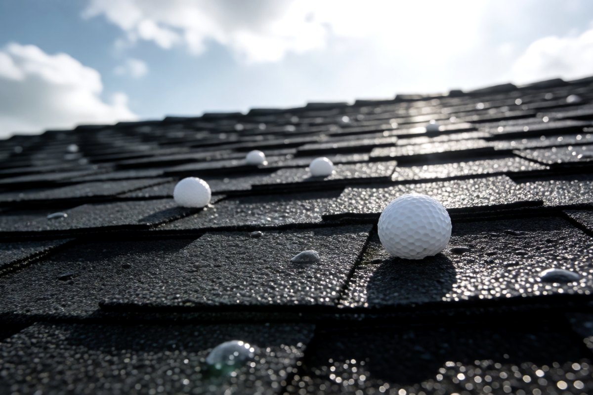 Golf-ball-size hailstones lying on dark asphalt shingles after a storm