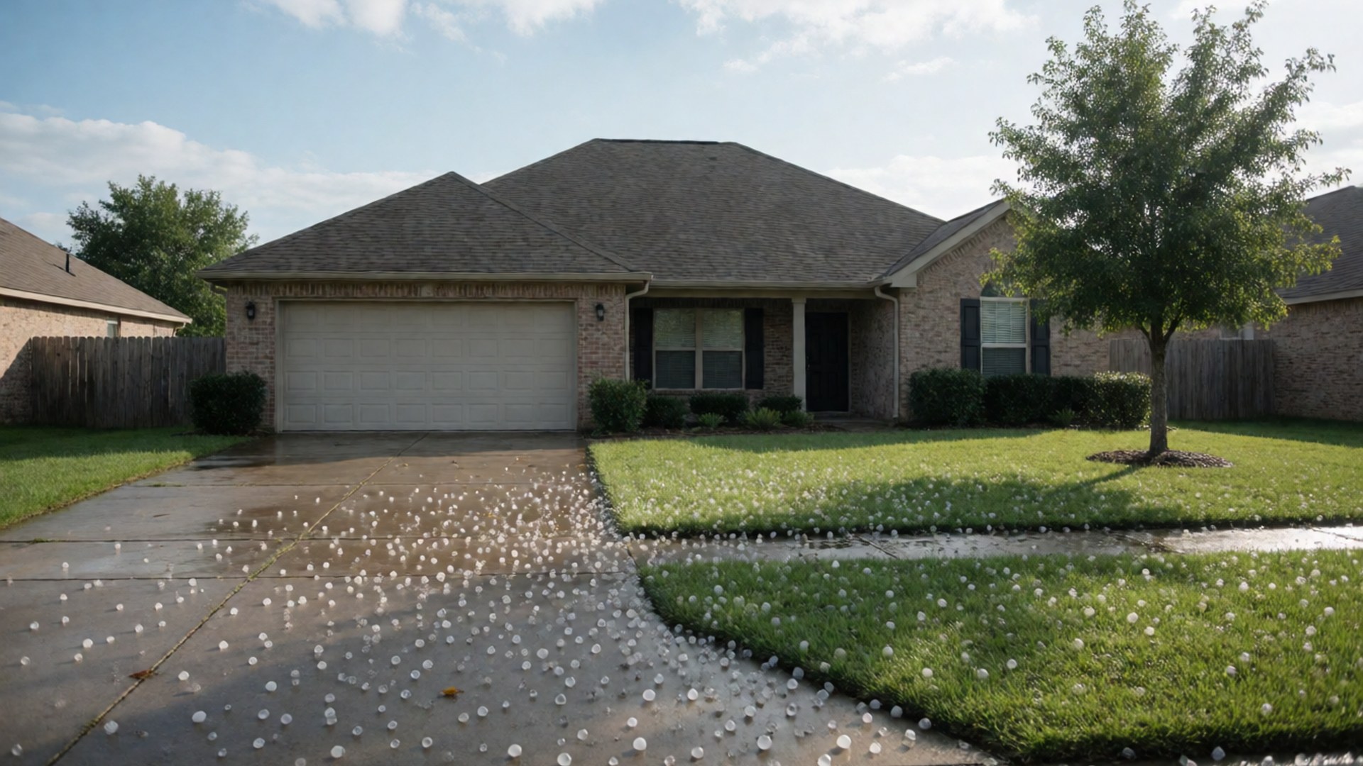 Hailstones covering a driveway and front lawn of a one-story home after a storm