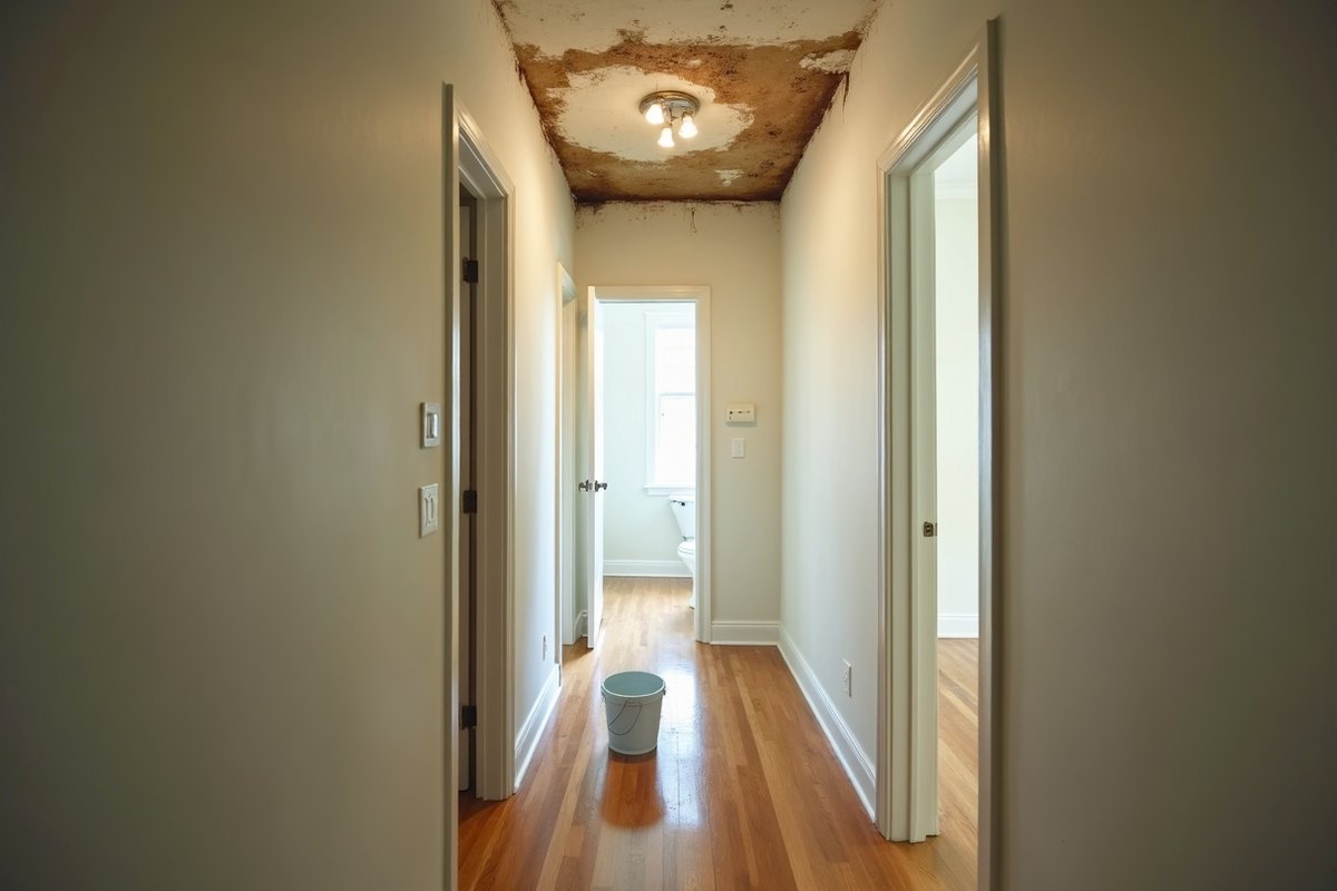 Hallway with a sagging, stained ceiling patch and a small bucket catching drips on the wood floor
