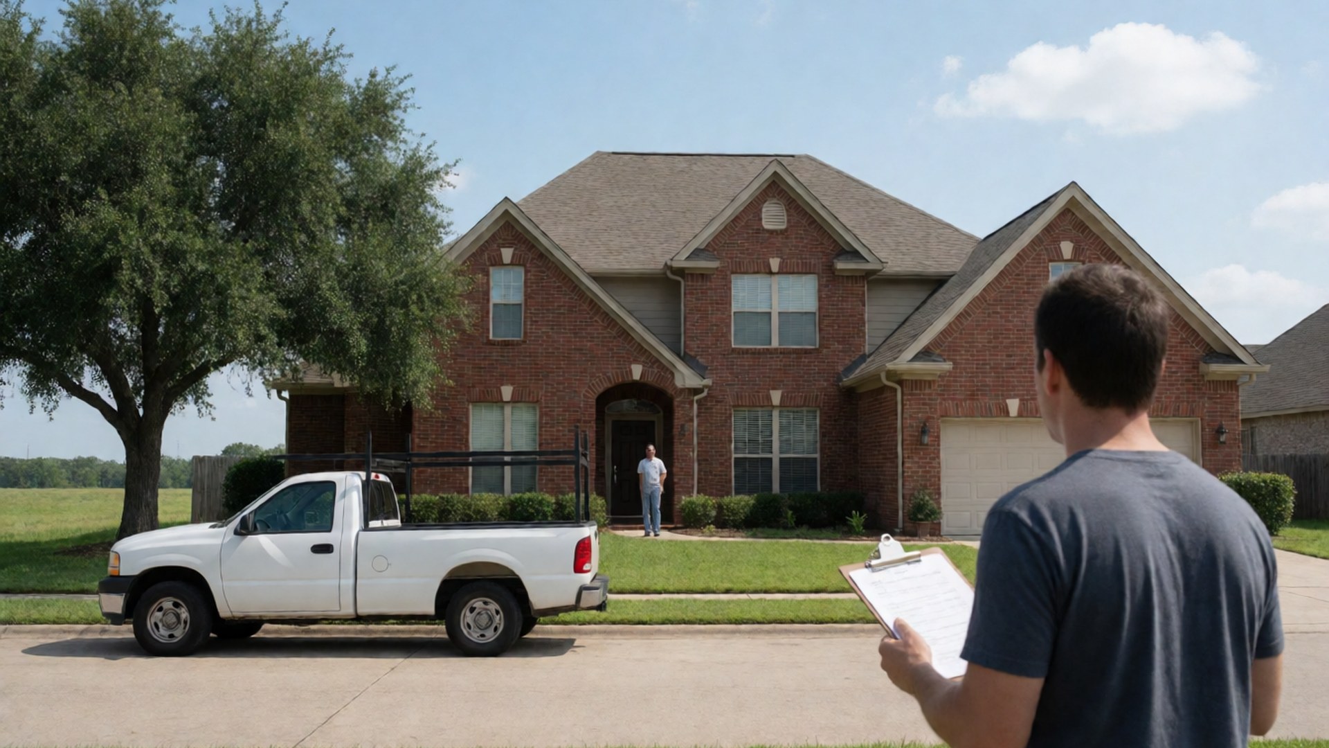 Homeowner holding a clipboard in front of a two-story brick home with a work truck parked out front