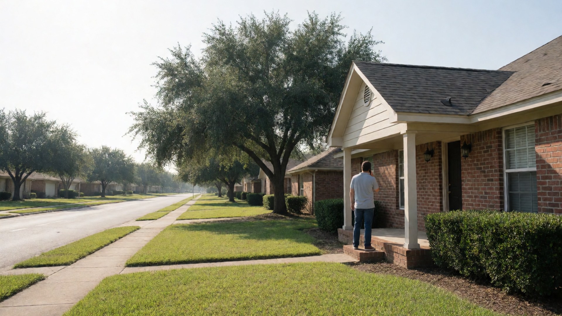Homeowner on the front porch of a brick home making a phone call