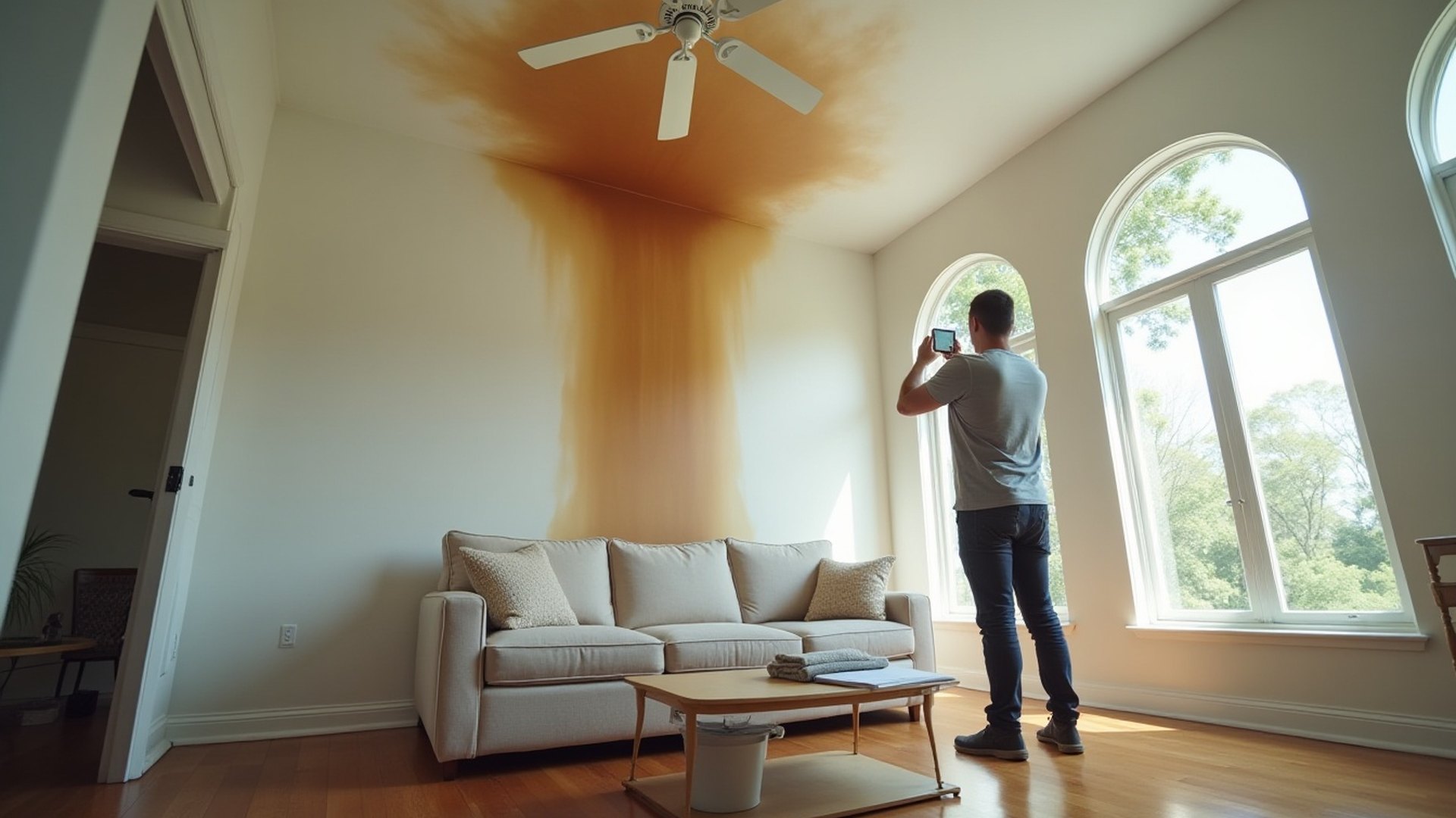 Homeowner photographing a long brown water stain running down from the living room ceiling