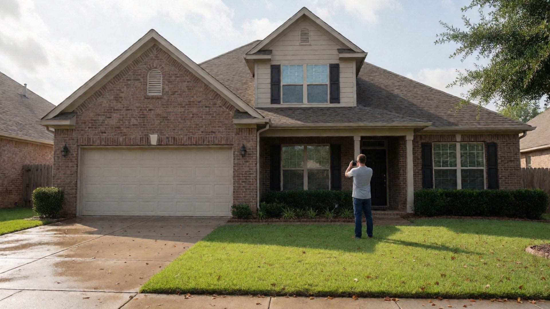 Homeowner in the driveway taking a phone photo of a two-story brick home