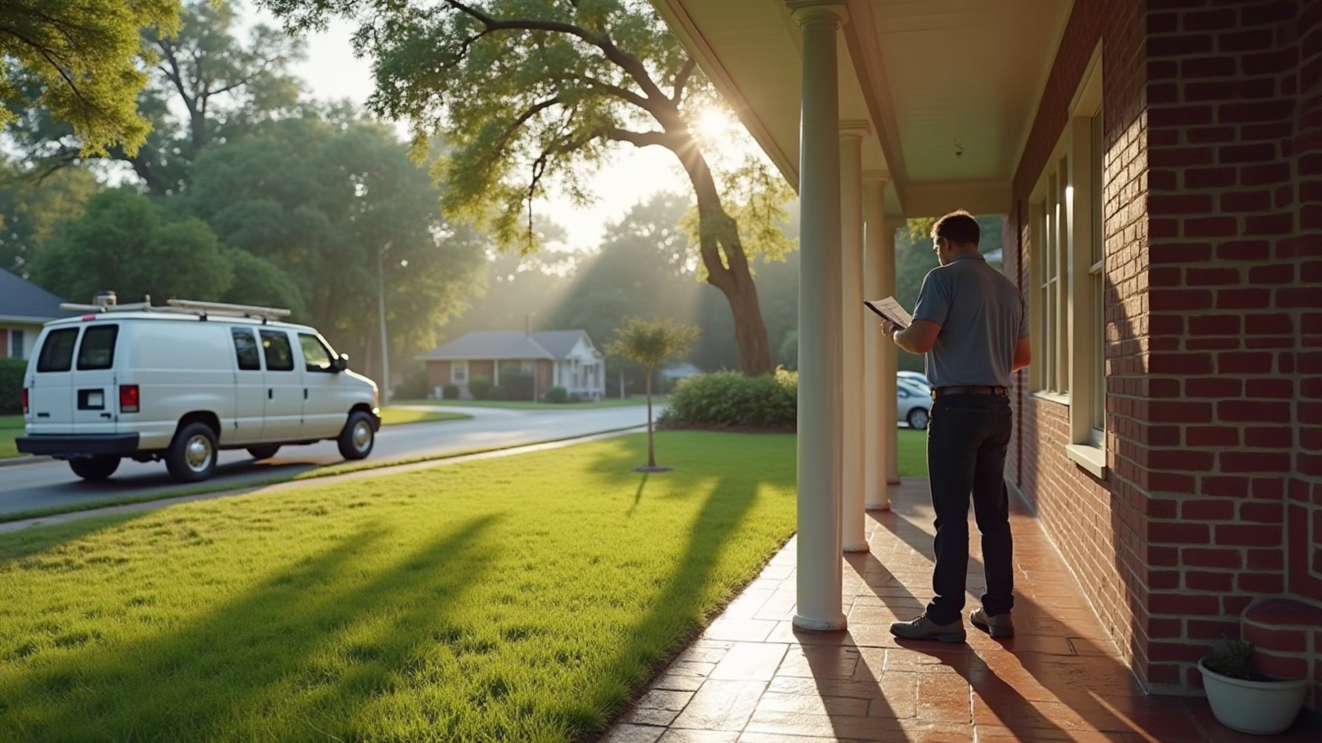Homeowner on a brick front porch reading paperwork while a white work van waits at the curb