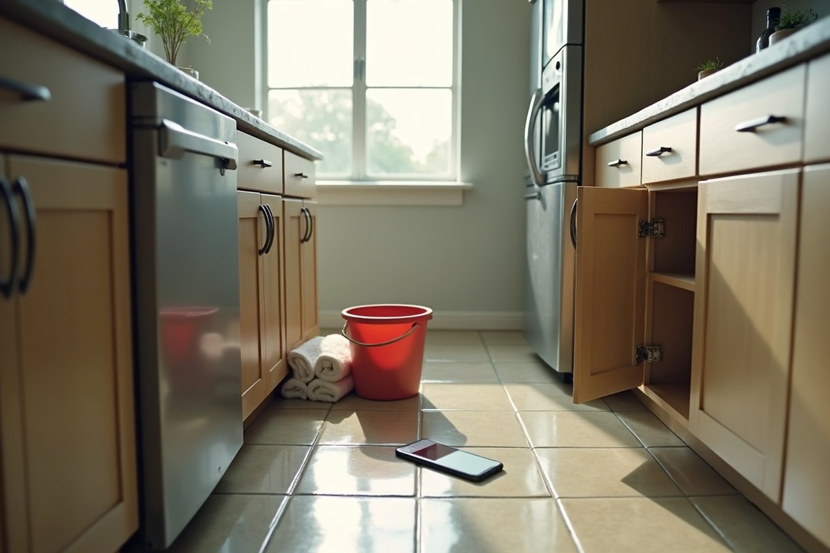 Kitchen with open lower cabinets, a red bucket and towels on the wet tile floor