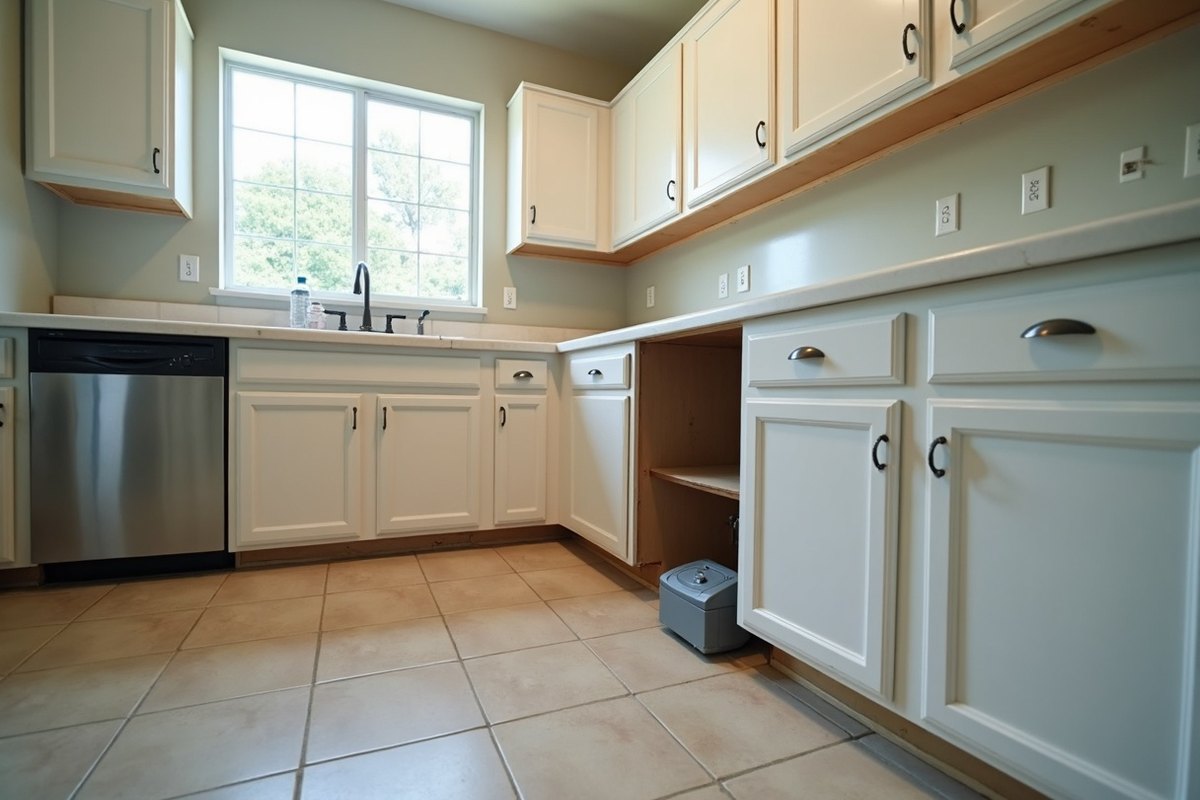 Kitchen with a lower cabinet removed and the floor and wall exposed after a leak