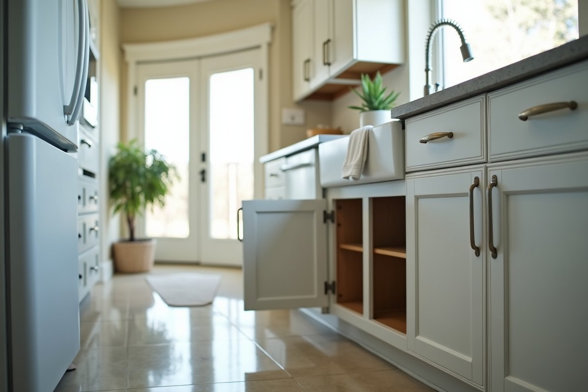 Kitchen sink base cabinet standing open and emptied after a leak