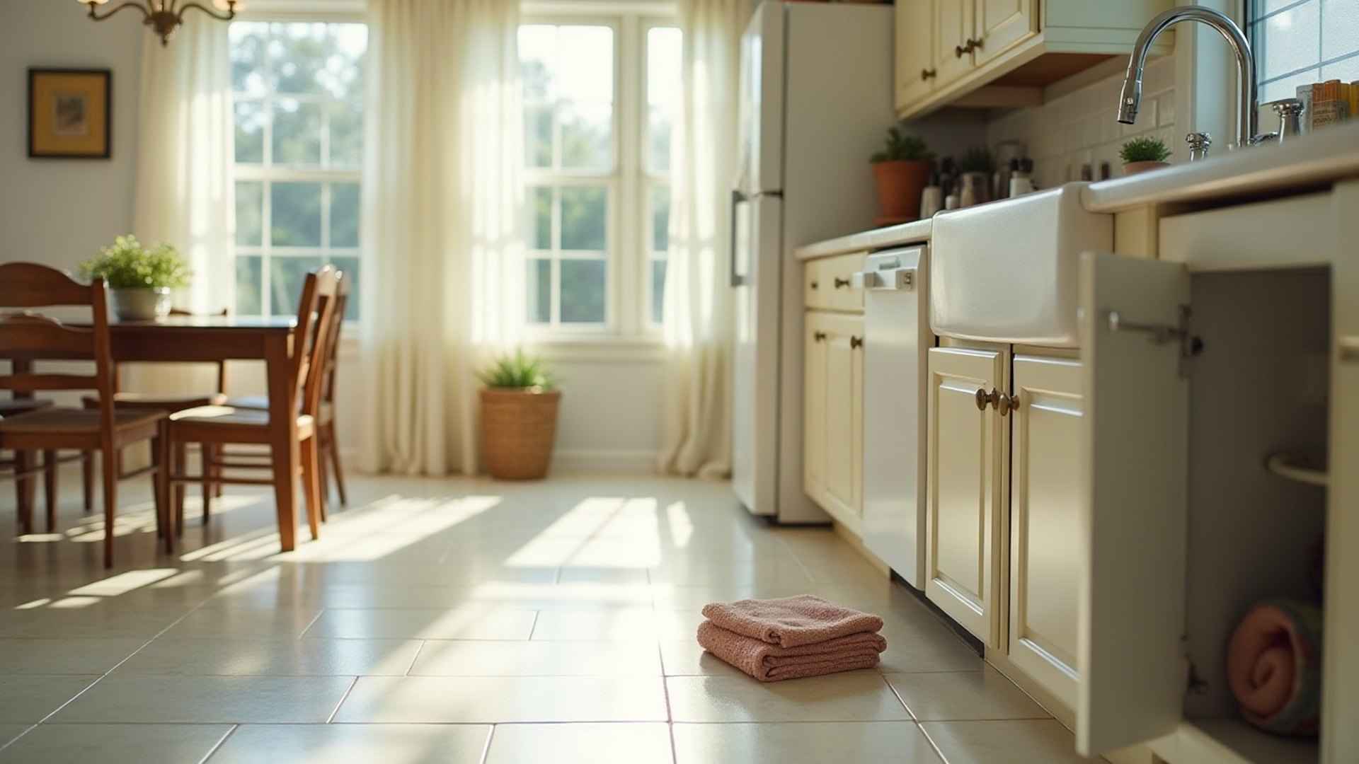 Bright kitchen with the sink cabinet doors open and towels on the tile floor after a leak