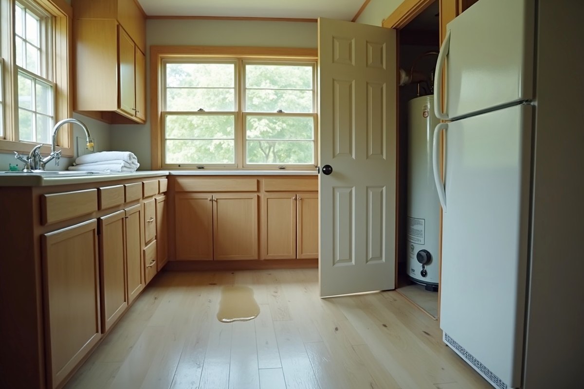 Kitchen with a water heater closet door open and a small puddle on the floor