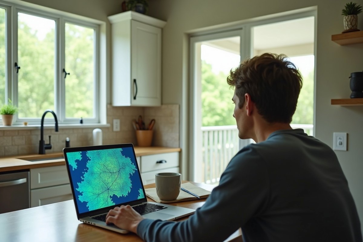 Person at a kitchen counter looking at a colored flood map on a laptop