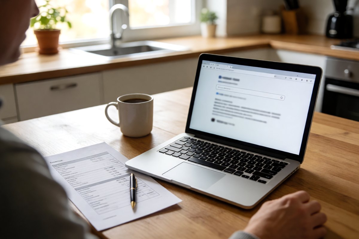 Person at a kitchen table looking up a contractor license on a laptop beside a printed estimate