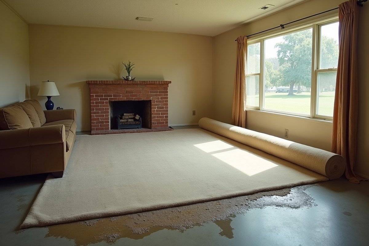 Living room with the wet carpet rolled back toward the wall, showing the damp floor beneath