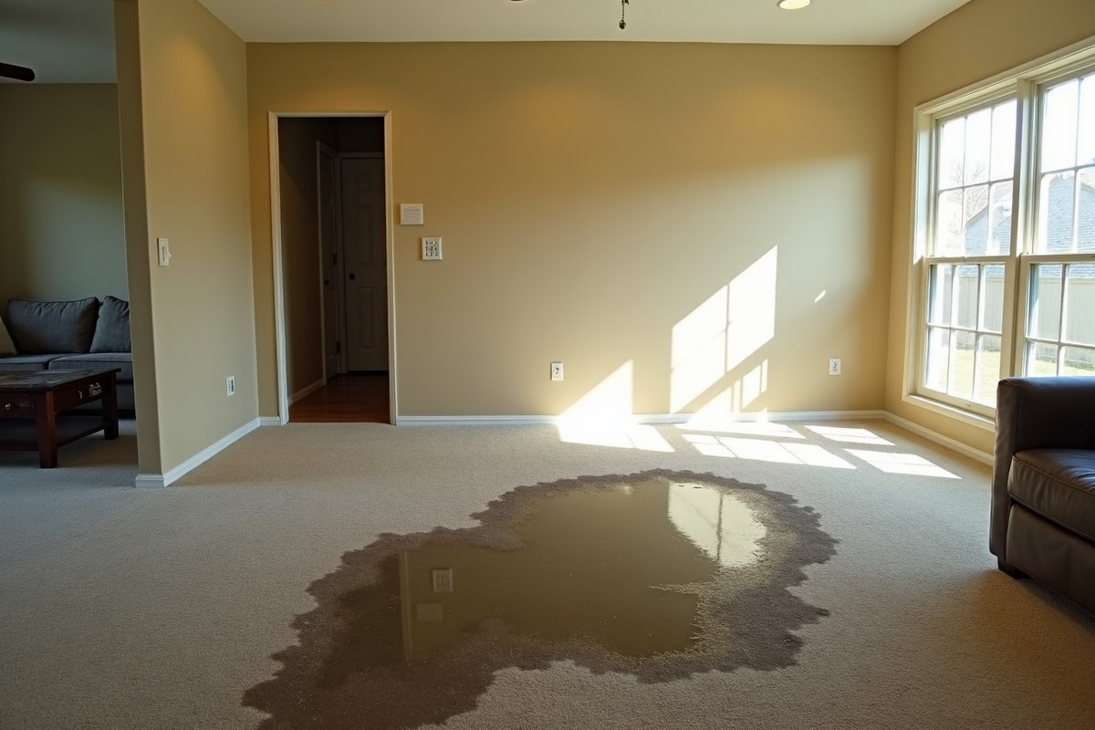 Living room carpet with a wide pool of standing water in the middle of the floor