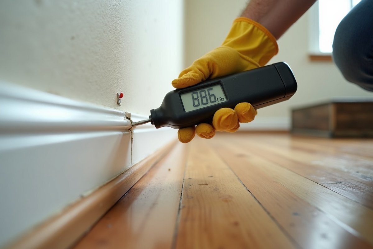 Gloved hand holding a moisture meter with pins pressed into the wall above a wood floor