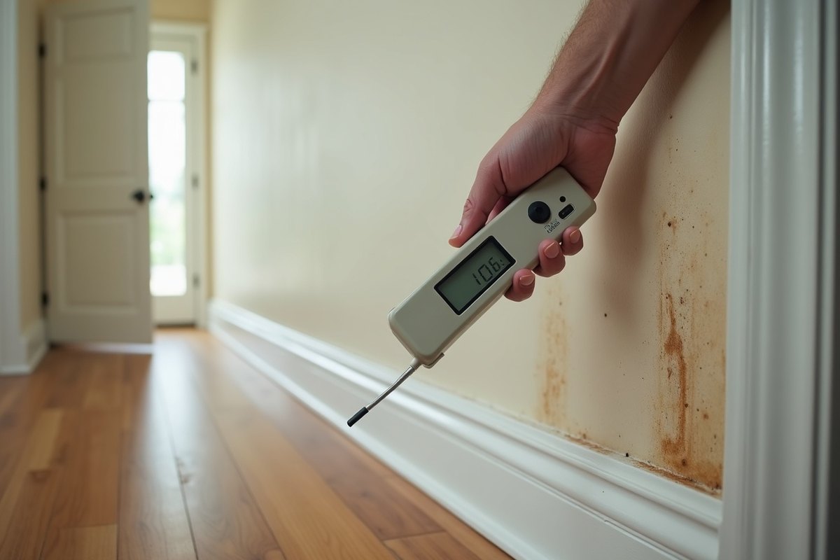 Hand pressing a moisture meter probe against a stained wall just above the baseboard